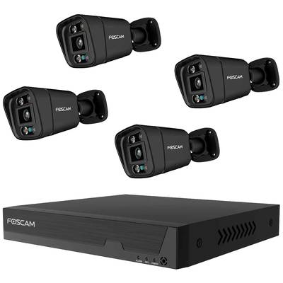Vier schwarze Überwachungskameras und ein passender Rekorder von Foscam. Geeignet zur Videoüberwachung im Innen- und Außenbereich.