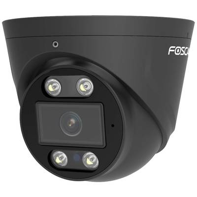 Schwarze Überwachungskamera mit drei LED-Leuchten um die Linse, geeignet für Sicherheitsanwendungen im Innen- und Außenbereich.