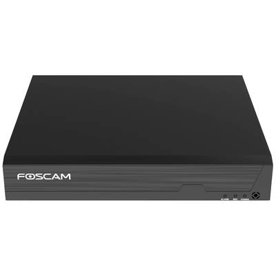 Ein schwarzer Foscam-Netzwerkvideorekorder mit Alarm-, REC- und Power-LED-Anzeigen an der Vorderseite.