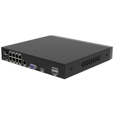 Schwarzer Netzwerk-Switch mit mehreren Ethernet-Ports, VGA- und HDMI-Anschlüssen sowie USB-Ports, geeignet zur Datenverteilung.