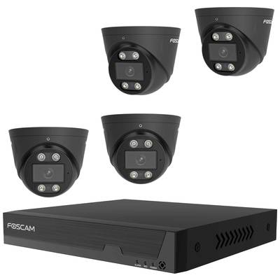 Drei schwarze Überwachungskameras und ein dazugehöriger Recorder von Foscam. Sie sind für die Sicherheit und Überwachung gedacht.