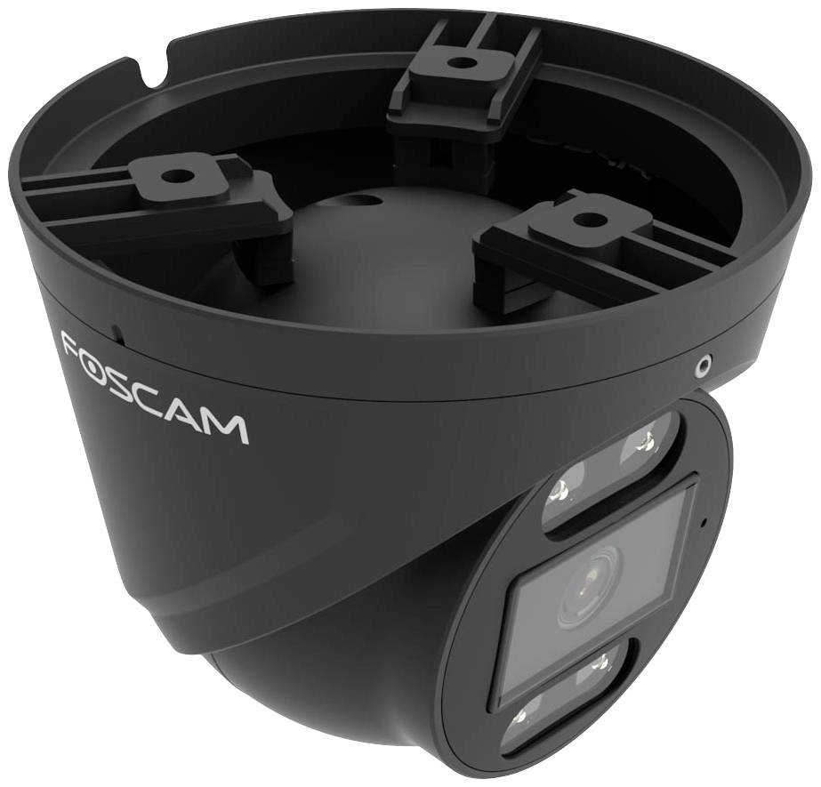 'Foscam'-Überwachungskamera in schwarzem Gehäuse, Dome-Form, mit verstellbarem Kameraauge und LED-Leuchten für Nachtsicht.