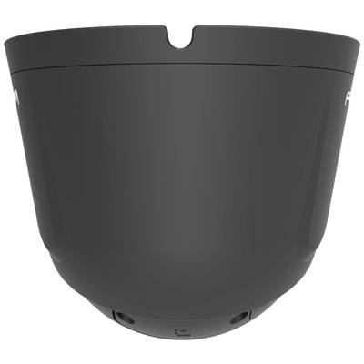 Schwarze, halbrunde Halterung für einen Bodenventilator, mit Öffnungen für Befestigung und Kabelhalterung an der Unterseite.