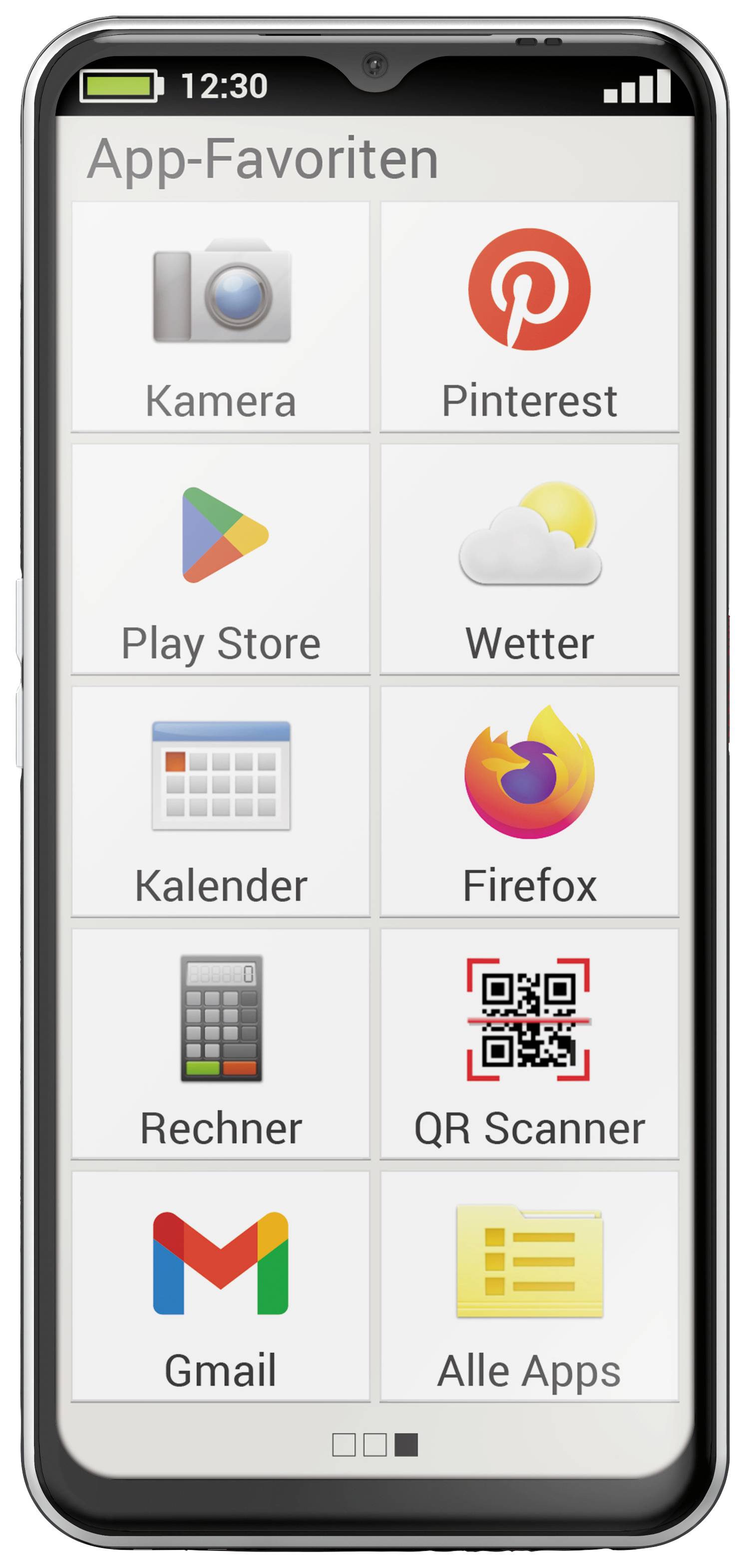 'Smartphone-Bildschirm mit App-Favoriten: Kamera, Pinterest, Play Store, Wetter, Kalender, Firefox, Rechner, QR-Scanner, Gmail, Alle Apps.'