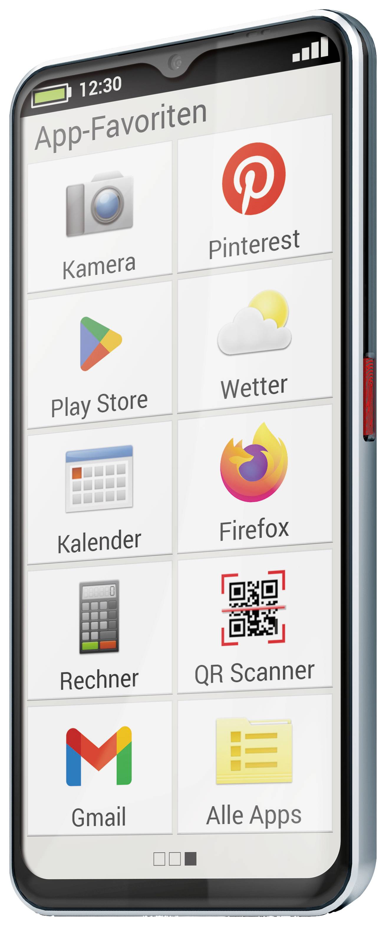 'Titelseite eines Smartphones mit App-Favoriten: Kamera, Pinterest, Play Store, Wetter, Kalender, Firefox, Rechner, QR Scanner, Gmail, Alle Apps.'