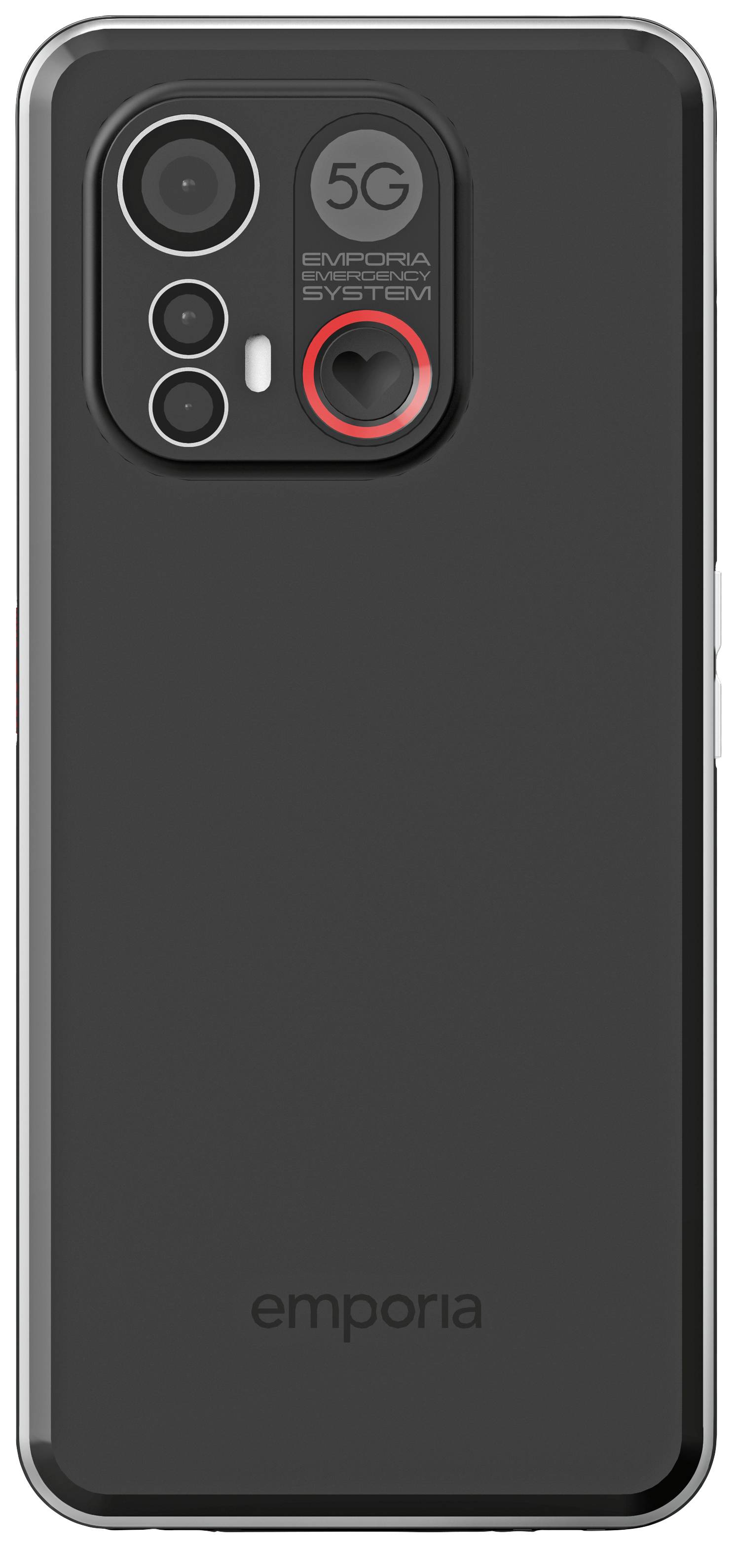 Schwarzes Smartphone, Rückansicht, mit drei Kameralinsen und '5G'-Schriftzug. Marke 'emporia' unten abgebildet.