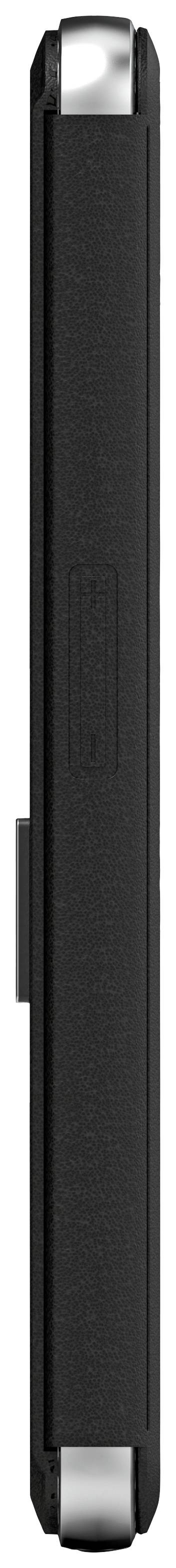 Ein schwarzes, rechteckiges Gerät mit abgerundeten Kanten und einer silbernen Ober- und Unterkante.