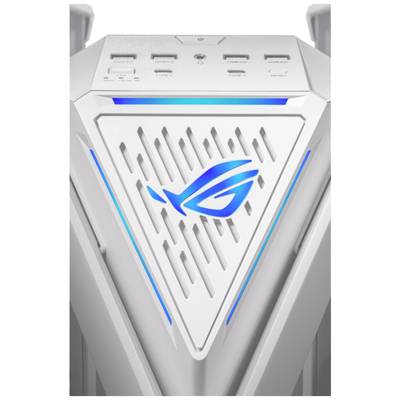 Weißes Gaming-Gehäuse mit dreieckigem Logo und blauer Beleuchtung an der Front. Oben befinden sich USB-Anschlüsse.