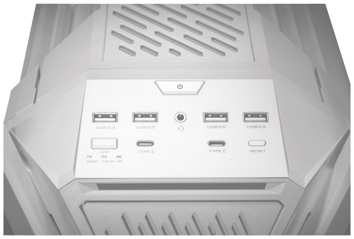 Vorderseite eines Computergehäuses mit fünf USB-Anschlüssen, einem Ein-/Aus-Schalter, Kopfhöreranschluss und LED-Schalter.