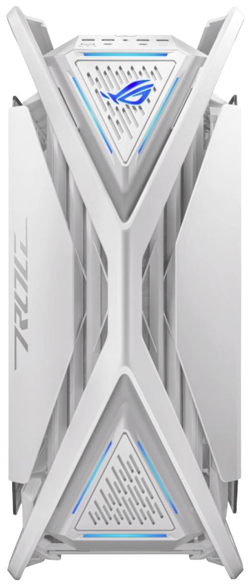 Weiße Computergehäuse-Frontansicht mit einem futuristischen Design, blauen LED-Akzenten und ROG-Logo oben in der Mitte.