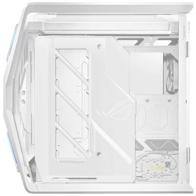 Weißes Computergehäuse von oben, mit sichtbaren internen Abteilen, geeignet für PC-Komponentenmontage.