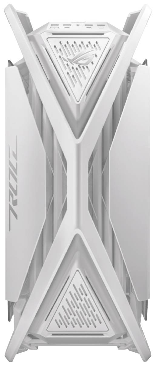 Ein weißes, futuristisches Computergehäuse mit symmetrischem, kantigem Design und Lüftungsschlitzen.