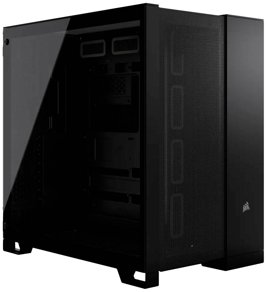 'Schwarzes Computergehäuse mit klarer Seitenwand und Mesh-Frontblende, geeignet für hochwertige PC-Bauprojekte.'