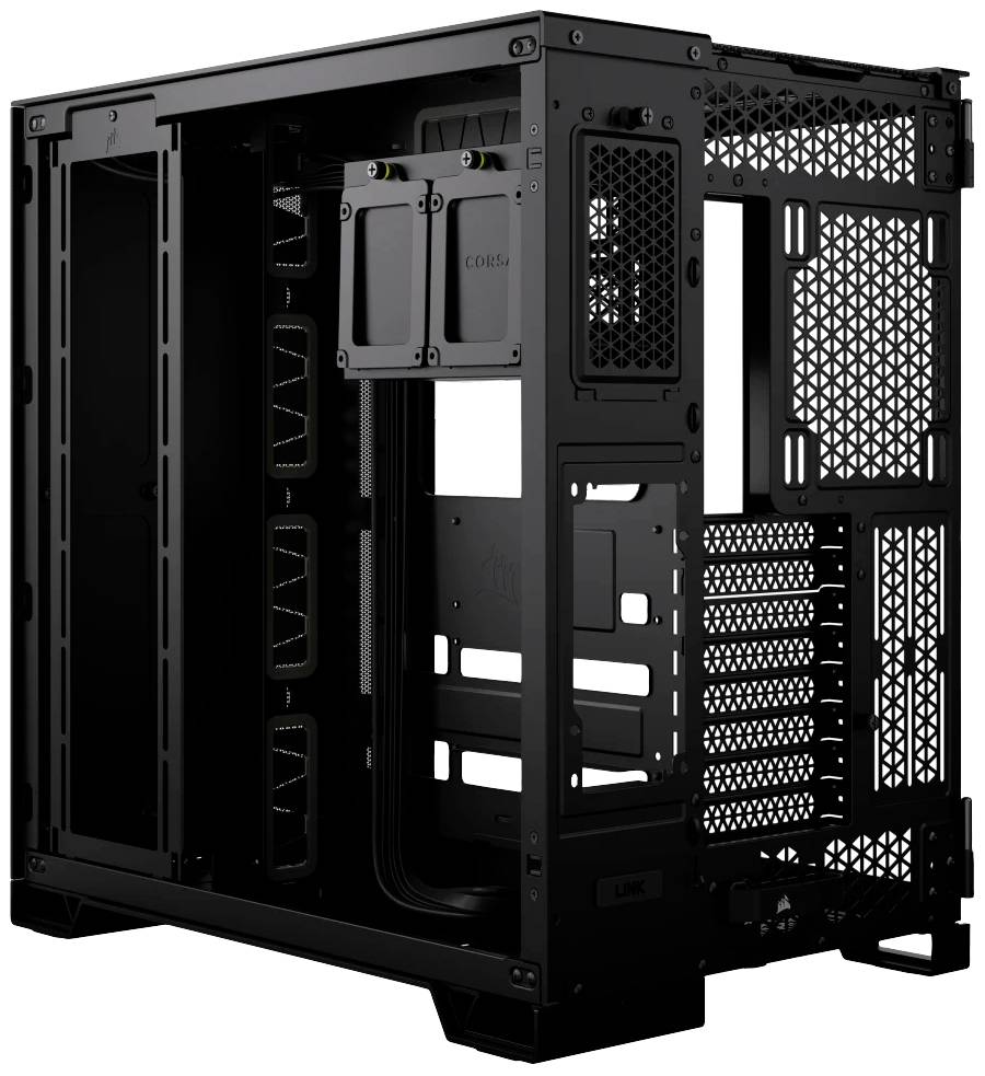 Schwarzes PC-Gehäuse mit offenem Design, mehrere Lüfterplätze und Kabelmanagement-Optionen erkennbar, ohne installierte Komponenten.