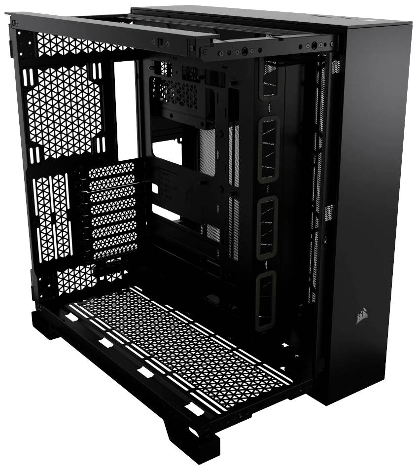 Offenes Computergehäuse in Schwarz, das die Innenstruktur zeigt, mit mehreren Steckplätzen für Hardware-Komponenten.