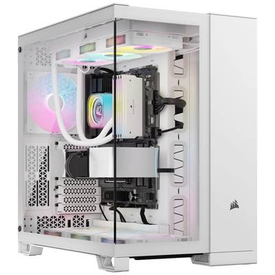 Ein weißer Computergehäuse mit transparentem Seitenpanel zeigt bunte LED-Beleuchtung und eine integrierte Wasserkühlung im Inneren.