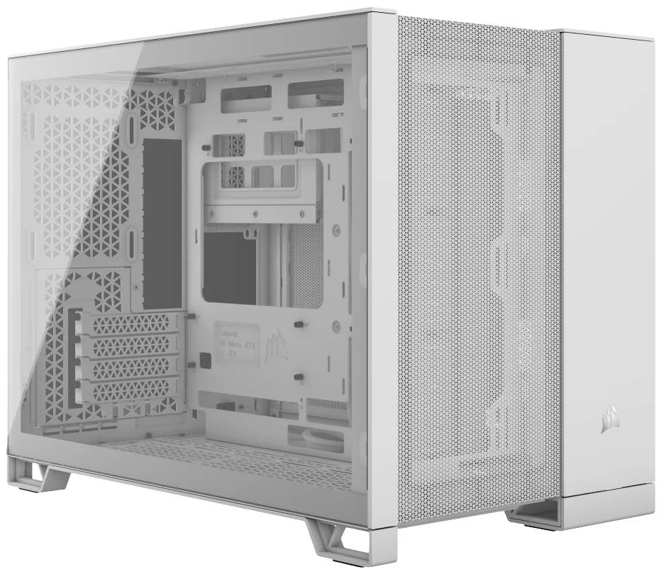 Weißes Computergehäuse mit seitlichem Sichtfenster, zeigt interne Struktur und Steckplätze für Komponenten, geeignet für PC-Bau.