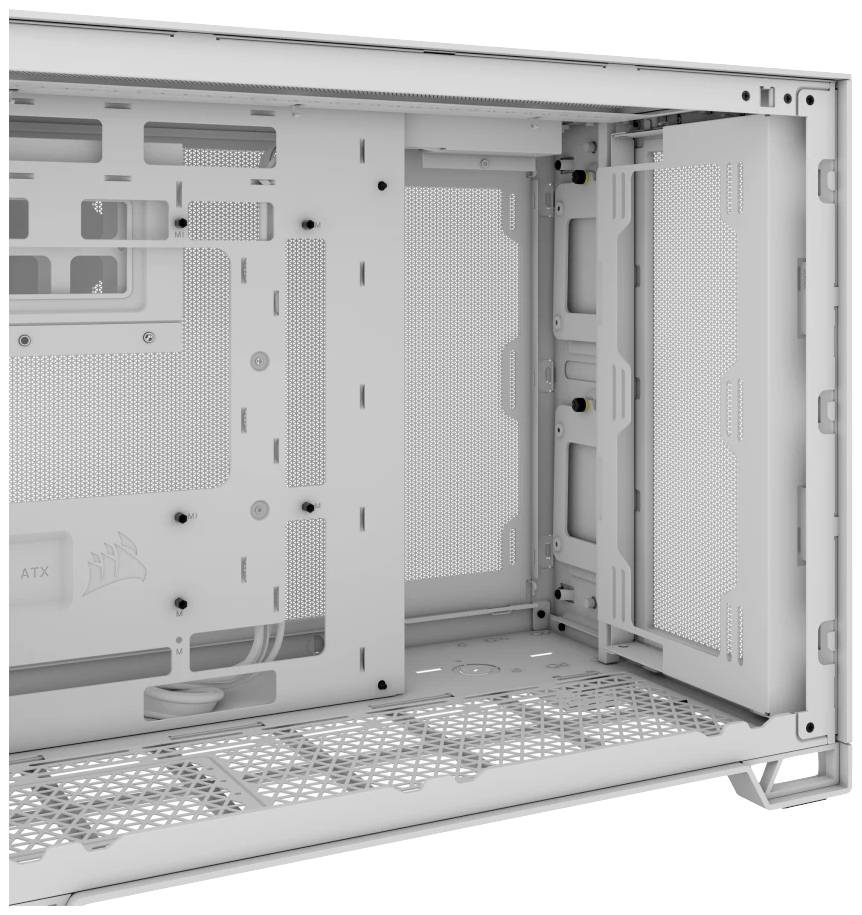 Ein leeres Computergehäuse in Weiß mit offenem Innenraum, geeignet für ATX-Mainboards.