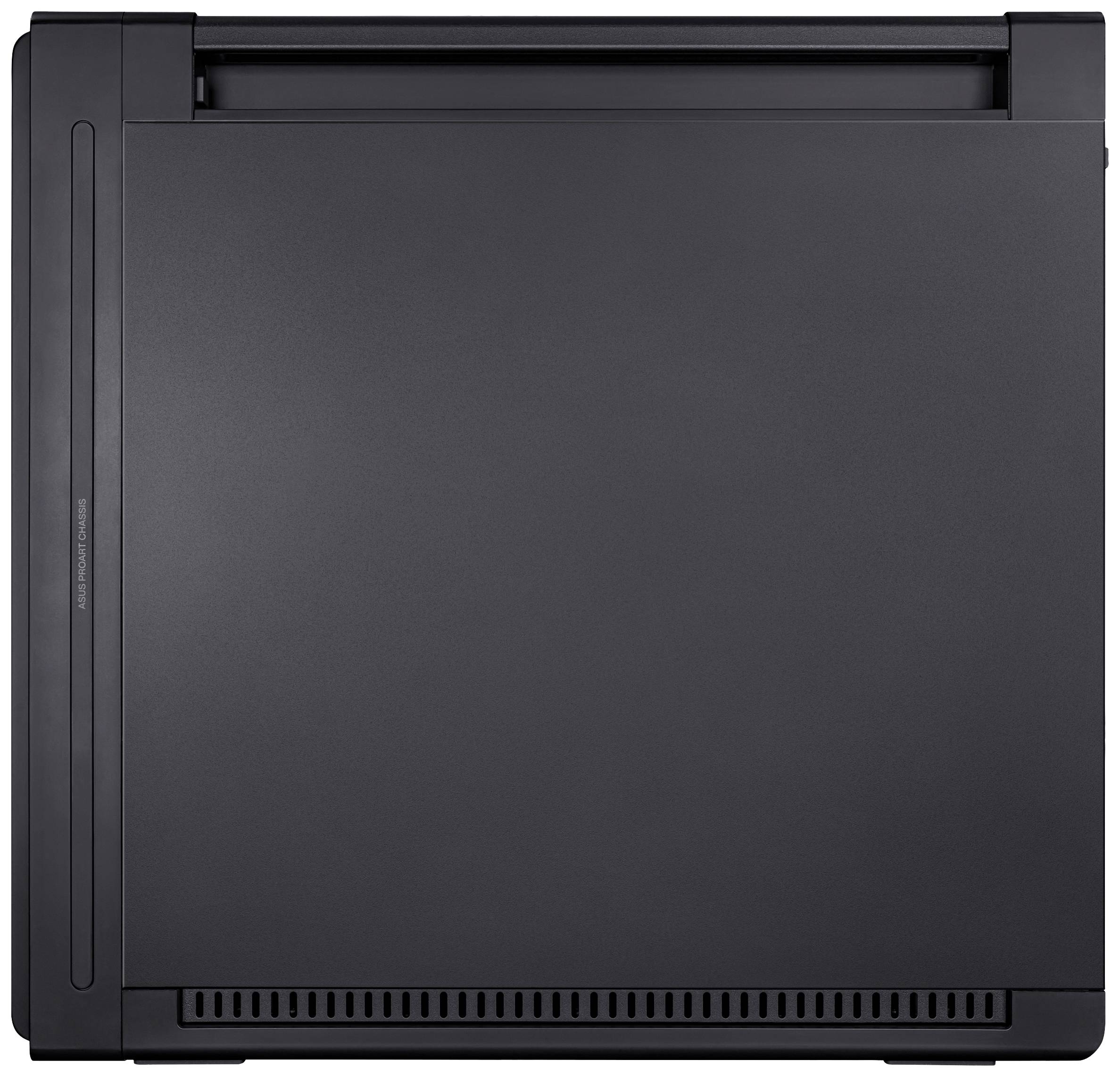 Schwarzes Gehäuse eines Computers, Seitenansicht ohne sichtbare Markenlogos oder andere Details.