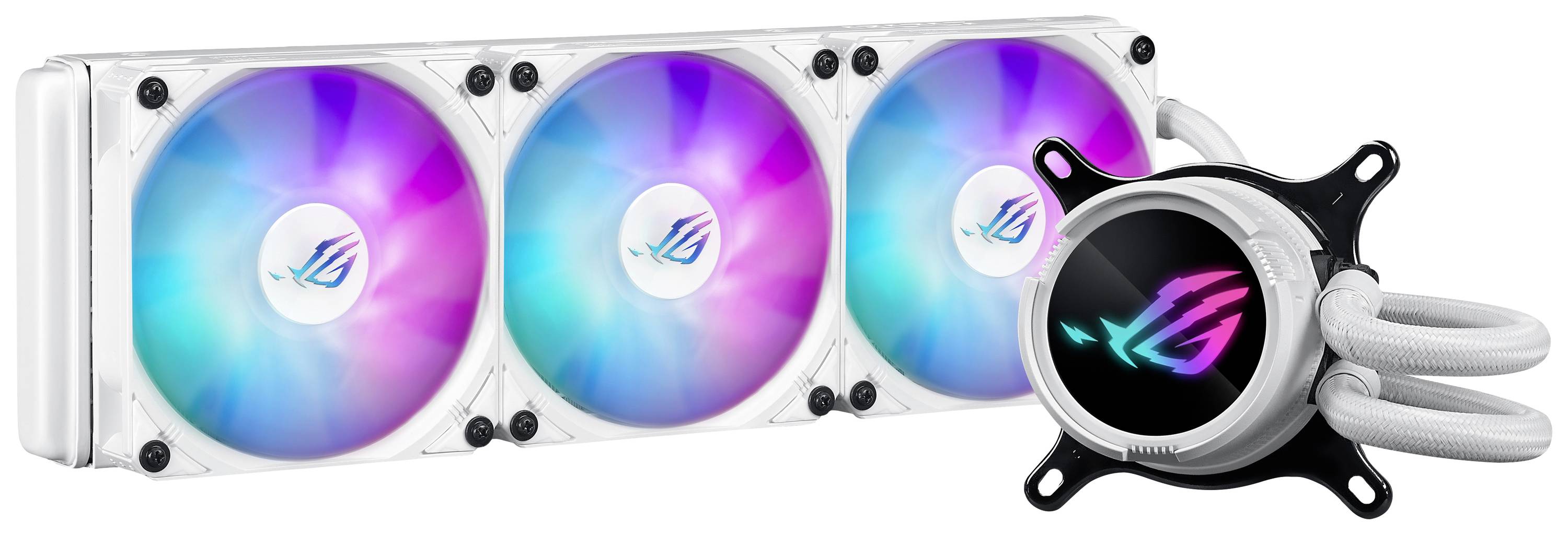 RGB-beleuchteter Computer-Wasserkühler mit drei Lüftern und einem beleuchteten Markenlogo auf dem Kühlkopf, vor weißem Hintergrund.