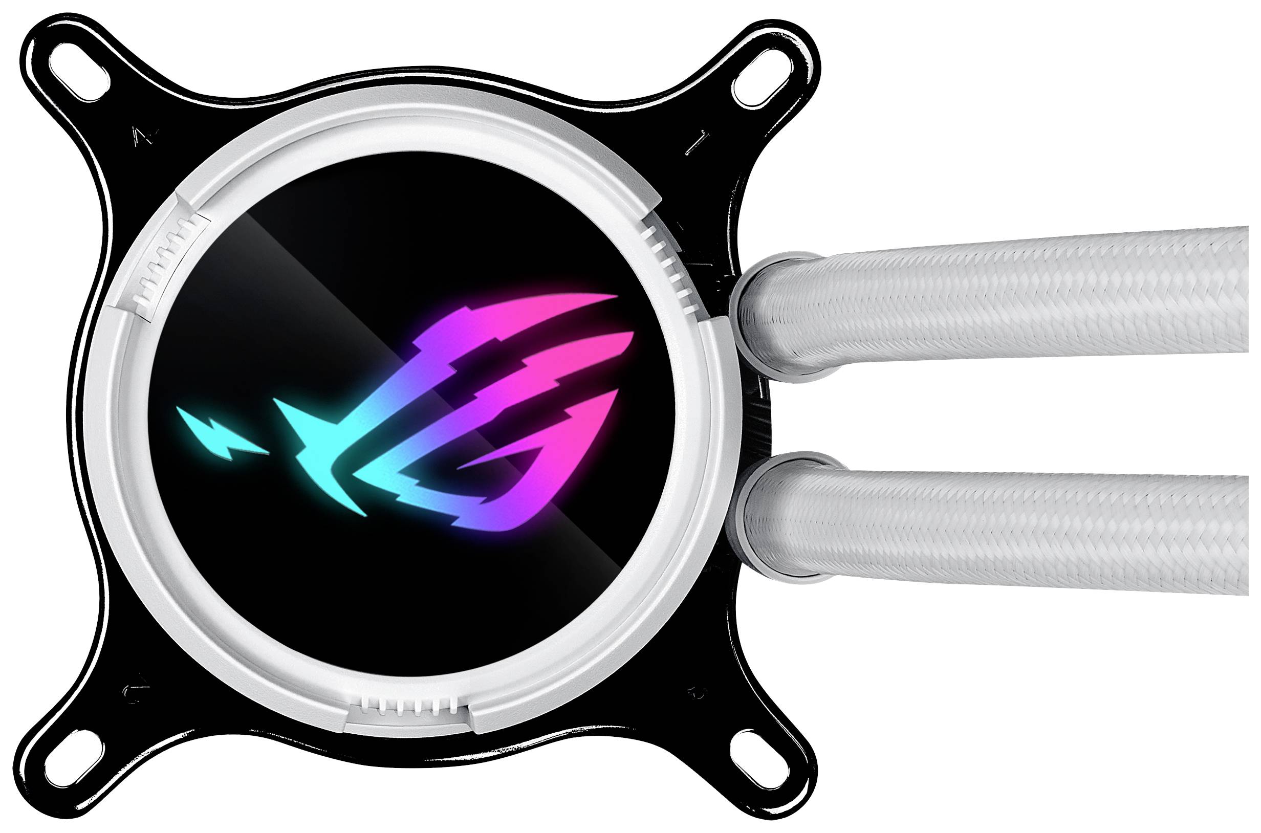 Kühlerpumpe mit Logo, zwei Schläuchen und RGB-Beleuchtung, geeignet für PC-Wasserkühlungssysteme.