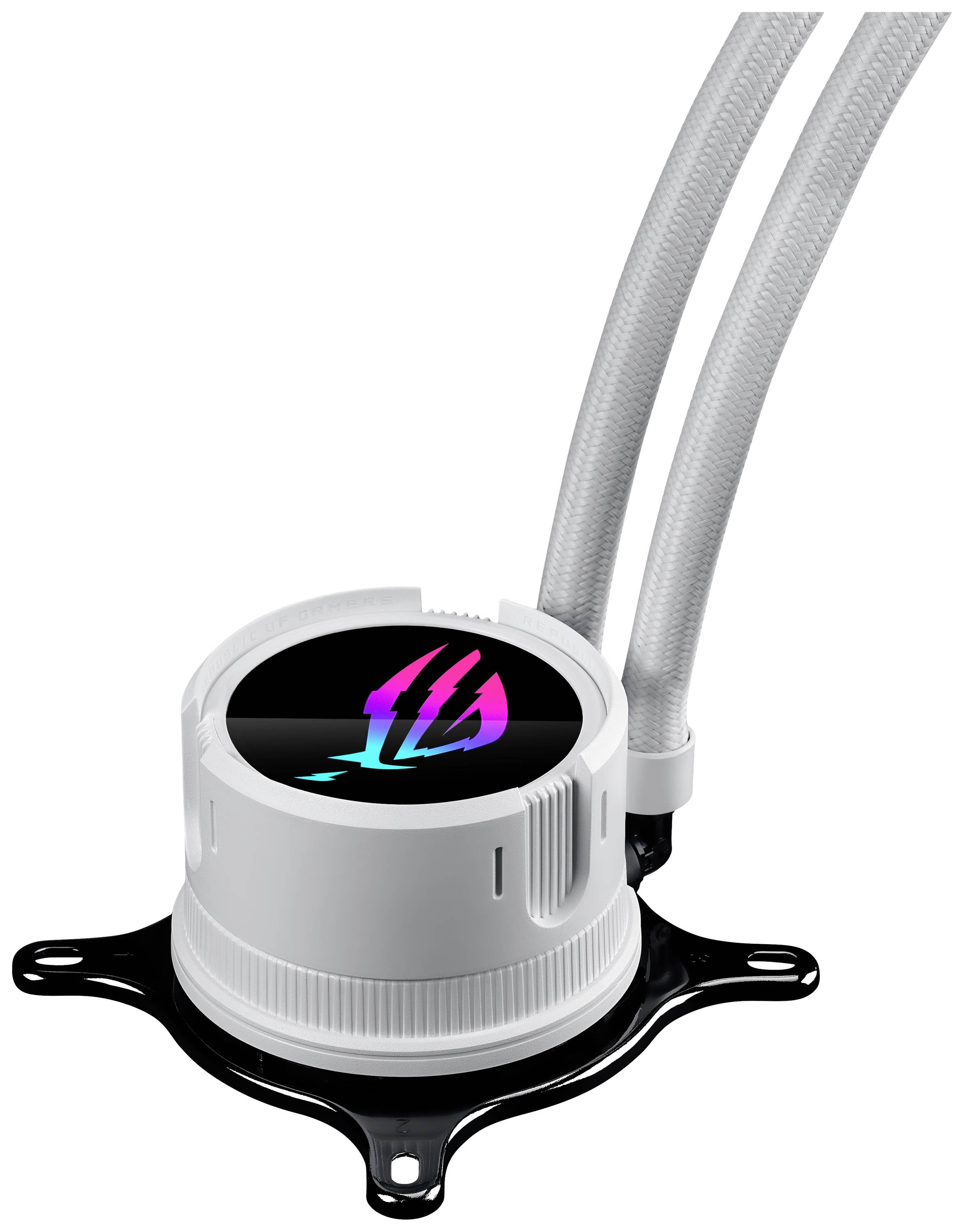 Kühlturm mit zwei Schläuchen und beleuchtetem Logo. Verwendet in Computerkühlungssystemen; modern und funktional gestaltet.