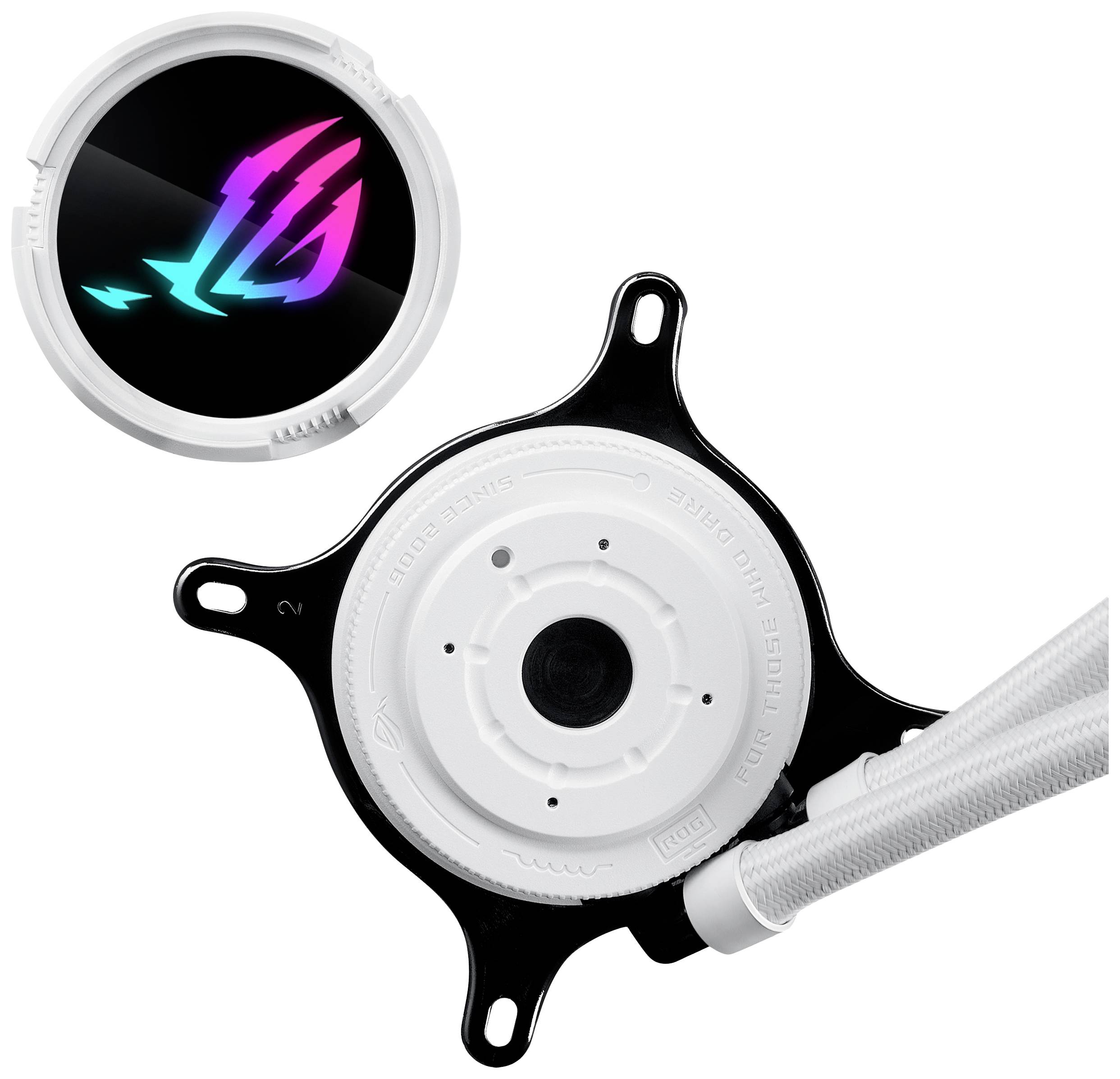 Eine weiße Computer-Kabelverbindung mit einer runden, schwarz-weißen Komponente oben. Ein bunter, leuchtender Logo-Emblem ist sichtbar.