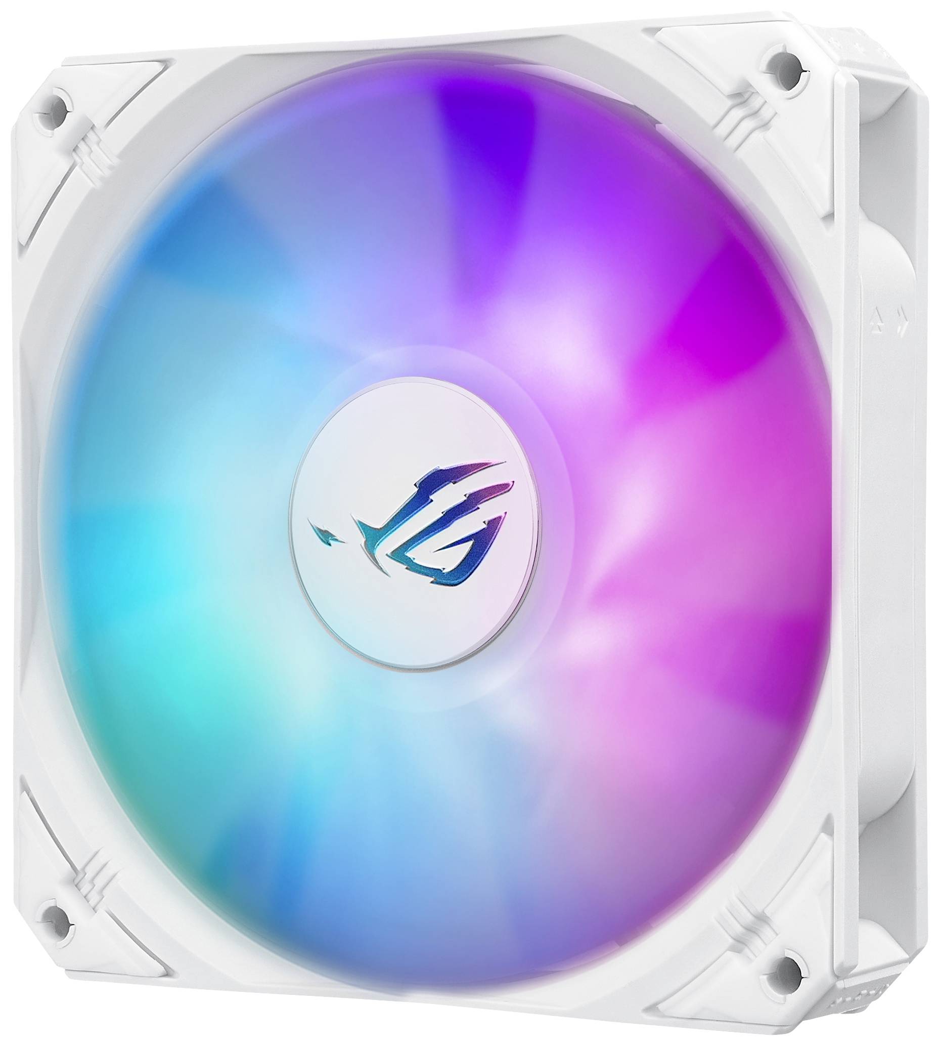 Ein weißer Computerlüfter mit bunten, dynamischen LED-Lichteffekten in Blau, Lila und Rot. Zentrum zeigt ein stilisiertes Logo.