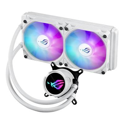 Zwei RGB-beleuchtete Computerlüfter mit einem weißen Kühlkörper und einem runden, beleuchteten CPU-Kühlblock mit Logo in der Mitte.