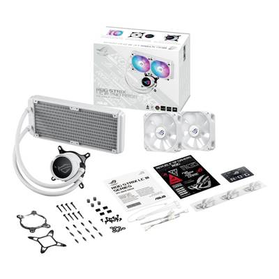 Kühlerset mit zwei Lüftern, Radiator, Zubehör und Verpackung auf weißem Hintergrund. Enthält Montageanleitung und Aufkleber.