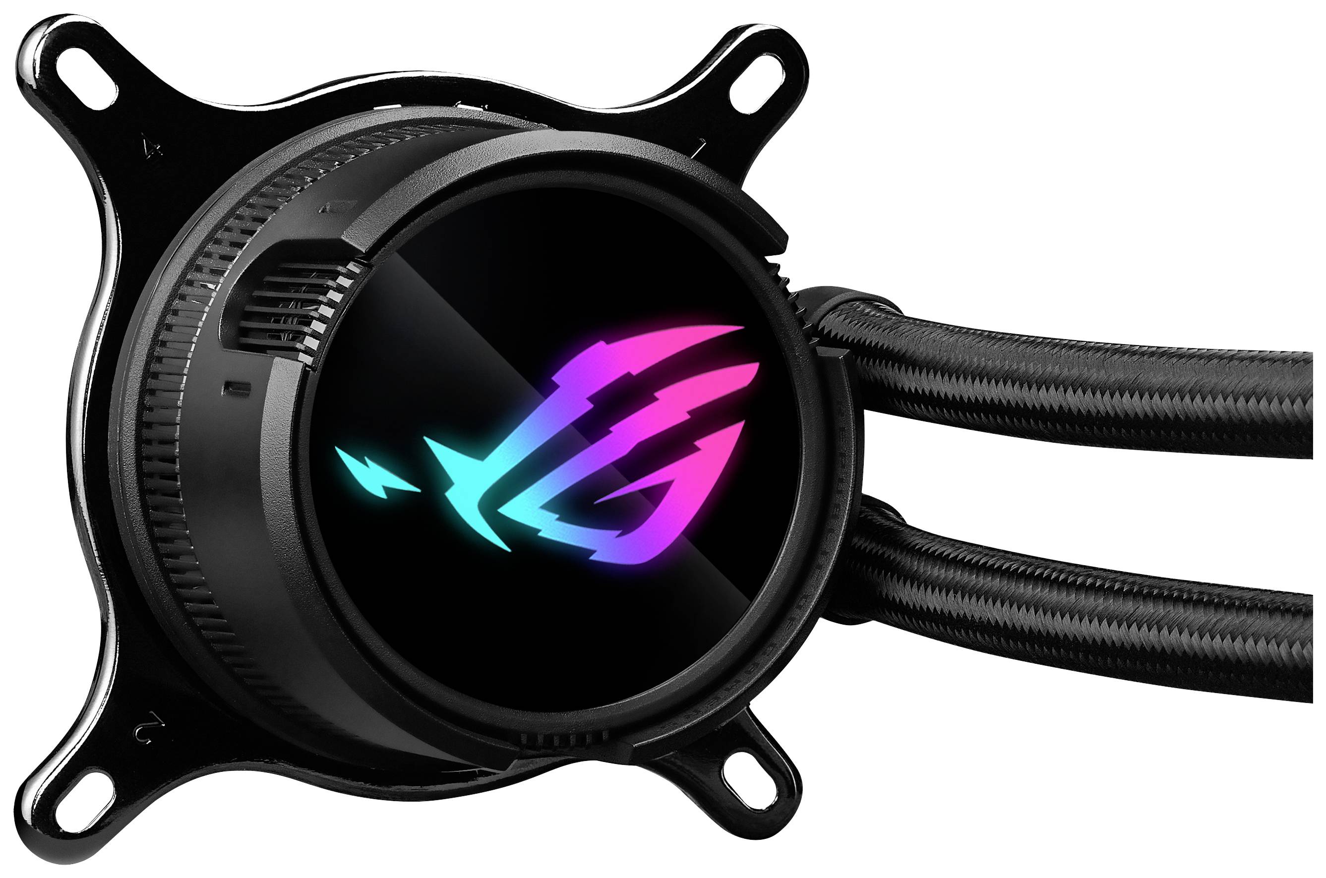 Computerkühleinheit mit farbigem Logo und zwei Schläuchen.