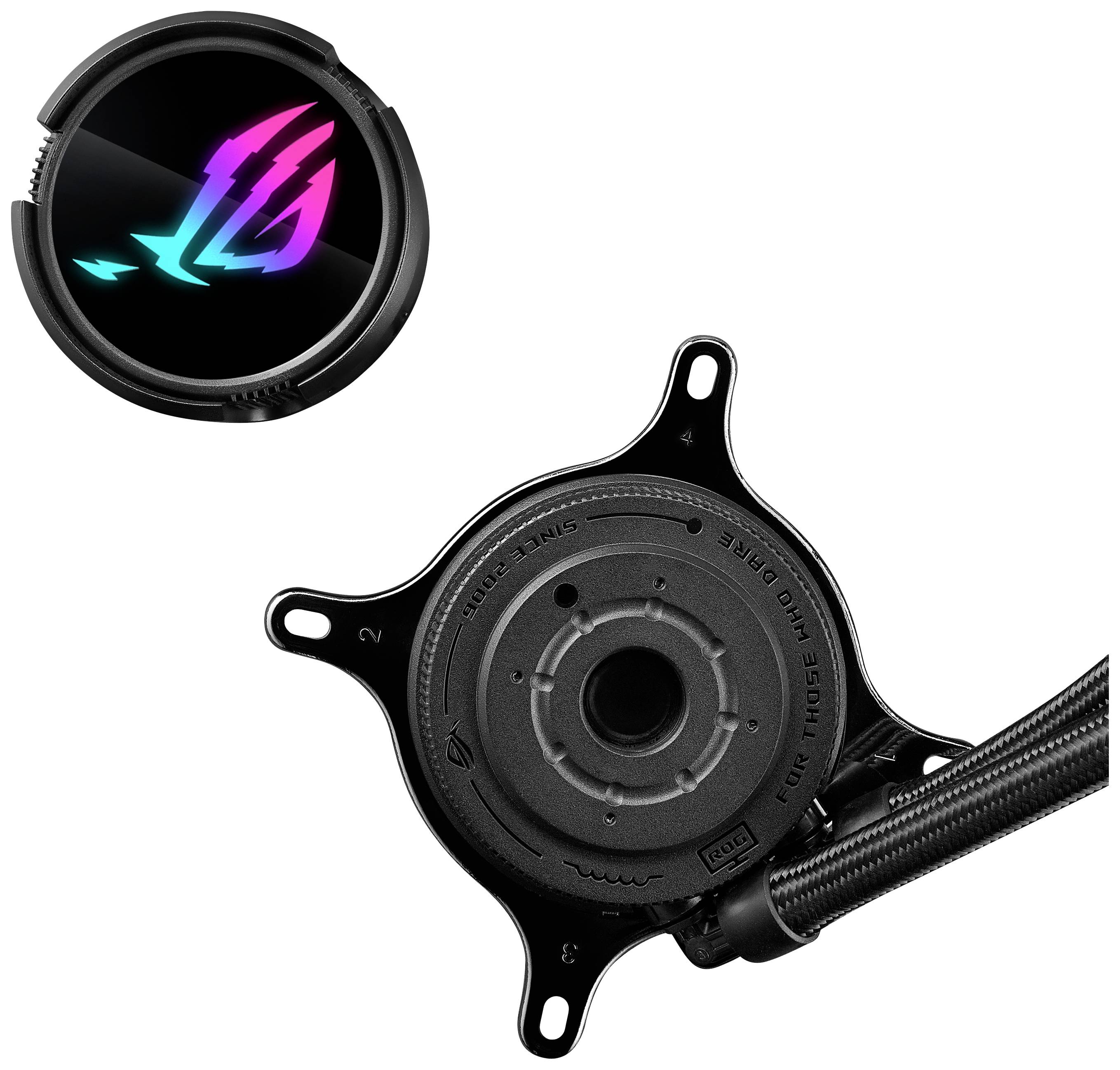 'Ein Kühler mit beleuchtetem Logo in Regenbogenfarben und Lüfteranschluss. Glatte Oberfläche und flexible Kabel für Computerhardware.'