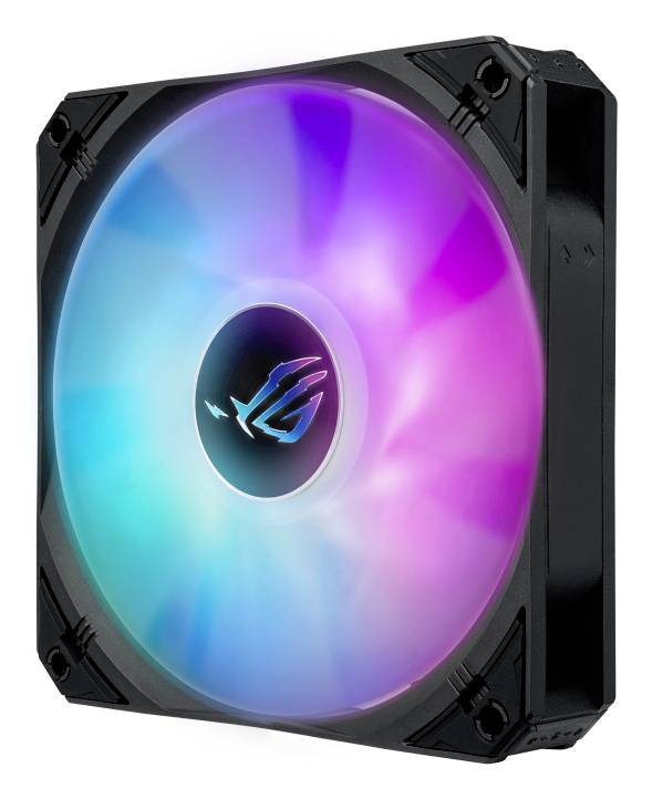 Computer-Lüfter mit farbiger LED-Beleuchtung in Blau, Lila und Pink, zeigt das Logo eines Spieleherstellers in der Mitte.