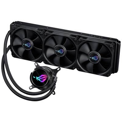 Eine dreifache Computerlüfter-Kühlanlage mit RGB-Beleuchtung, verbunden durch Schläuche, dient zur Kühlung von Hochleistungssystemen.