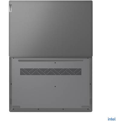Ein geschlossenes, graues Lenovo-Laptop mit Intel-Logo in der Ecke, gezeigt von oben. Oberseite und Unterseite sichtbar.