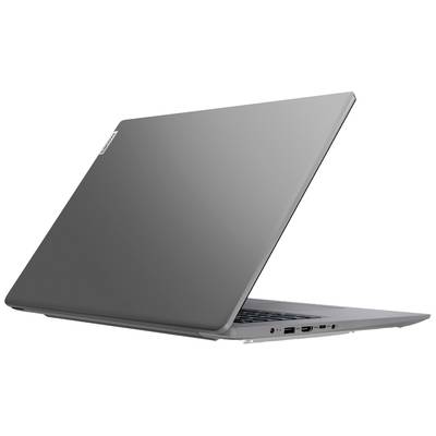 Ein grauer Laptop mit leicht geöffnetem Deckel, Bildschirm nicht sichtbar. Rechtsseitige Anschlüsse gut erkennbar.
