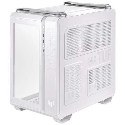 Weißes PC-Gehäuse mit transparentem Seitenfenster und Lüftungsschlitzen. Markenaufschrift '502 TUF'.