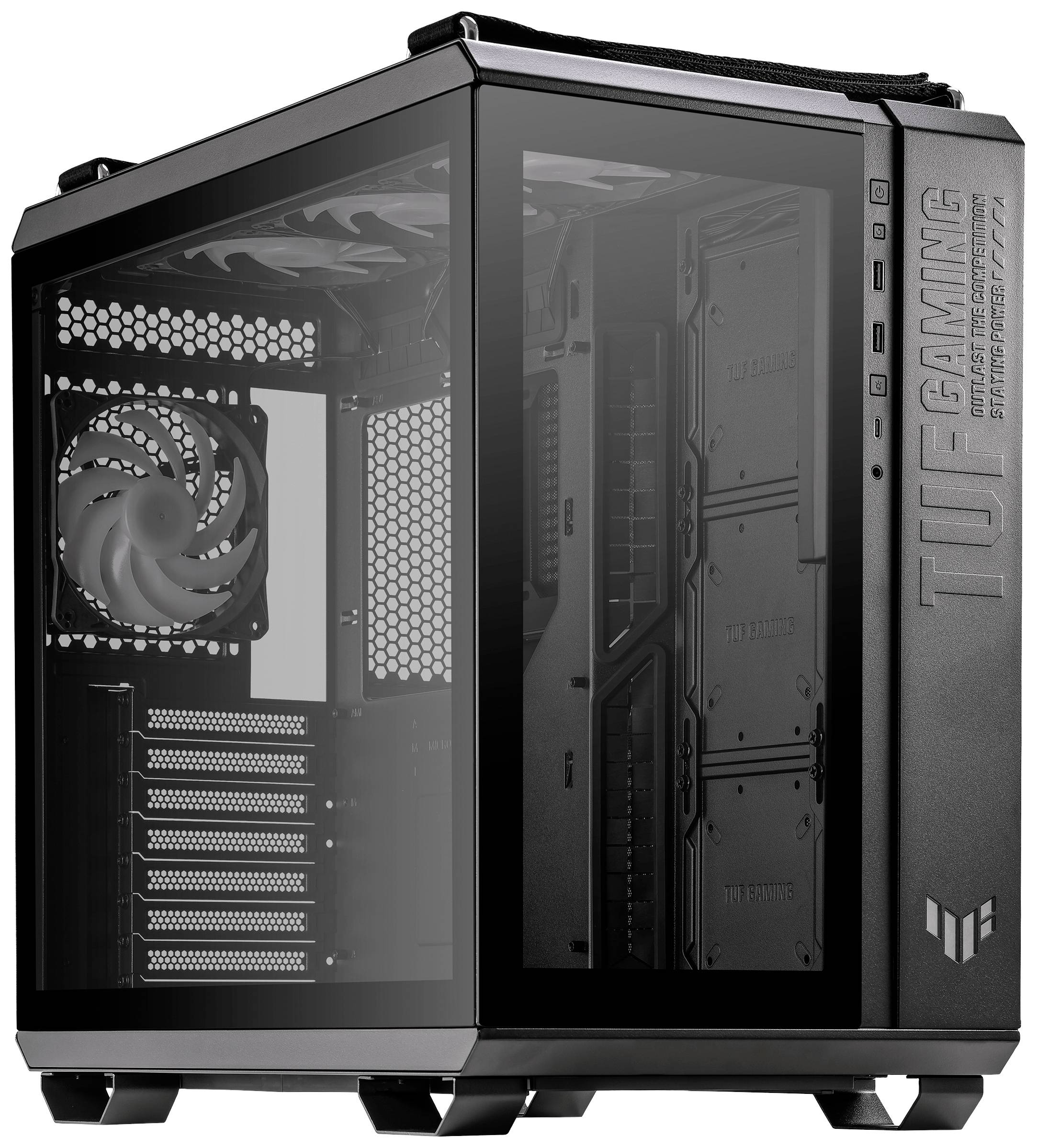 Schwarzes, durchsichtiges Computergehäuse mit Lüfter, beschriftet mit 'TUF GAMING'.