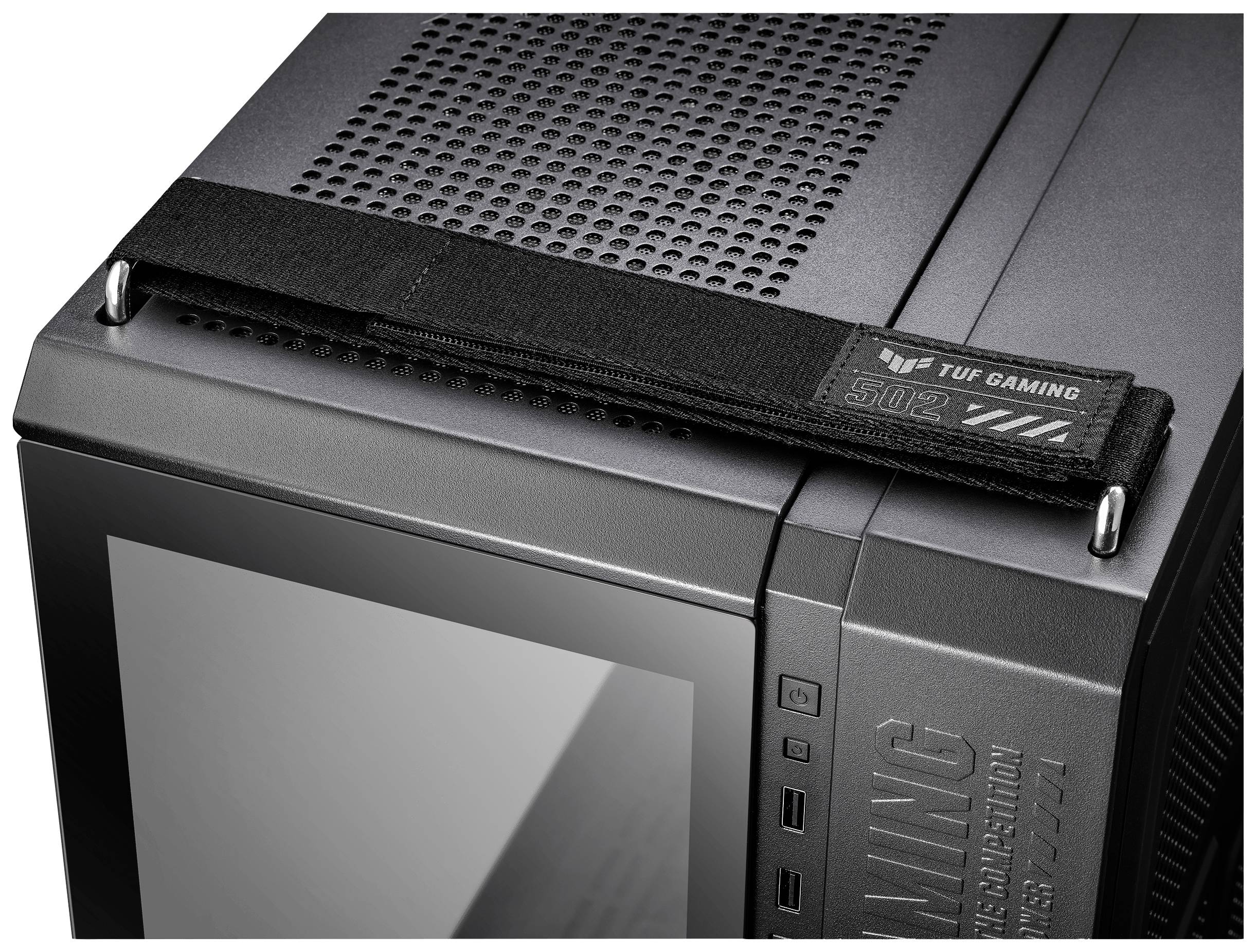 Computergehäuse in mattem Schwarz mit Seitenfenster, belüftetem Oberteil und einem Griff mit der Aufschrift 'TUF Gaming'.