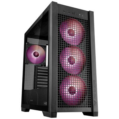 Ein schwarzes Computergehäuse mit Glasfenster zeigt vier leuchtend rosa Lüfter. Es eignet sich für Gaming-PCs.