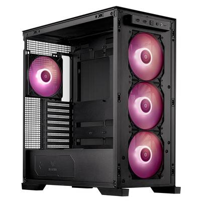 Ein offenes PC-Gehäuse mit vier rosa LED-Lüftern. Drei Lüfter vorne, einer hinten. Kein installierter Computer-Hardware sichtbar.