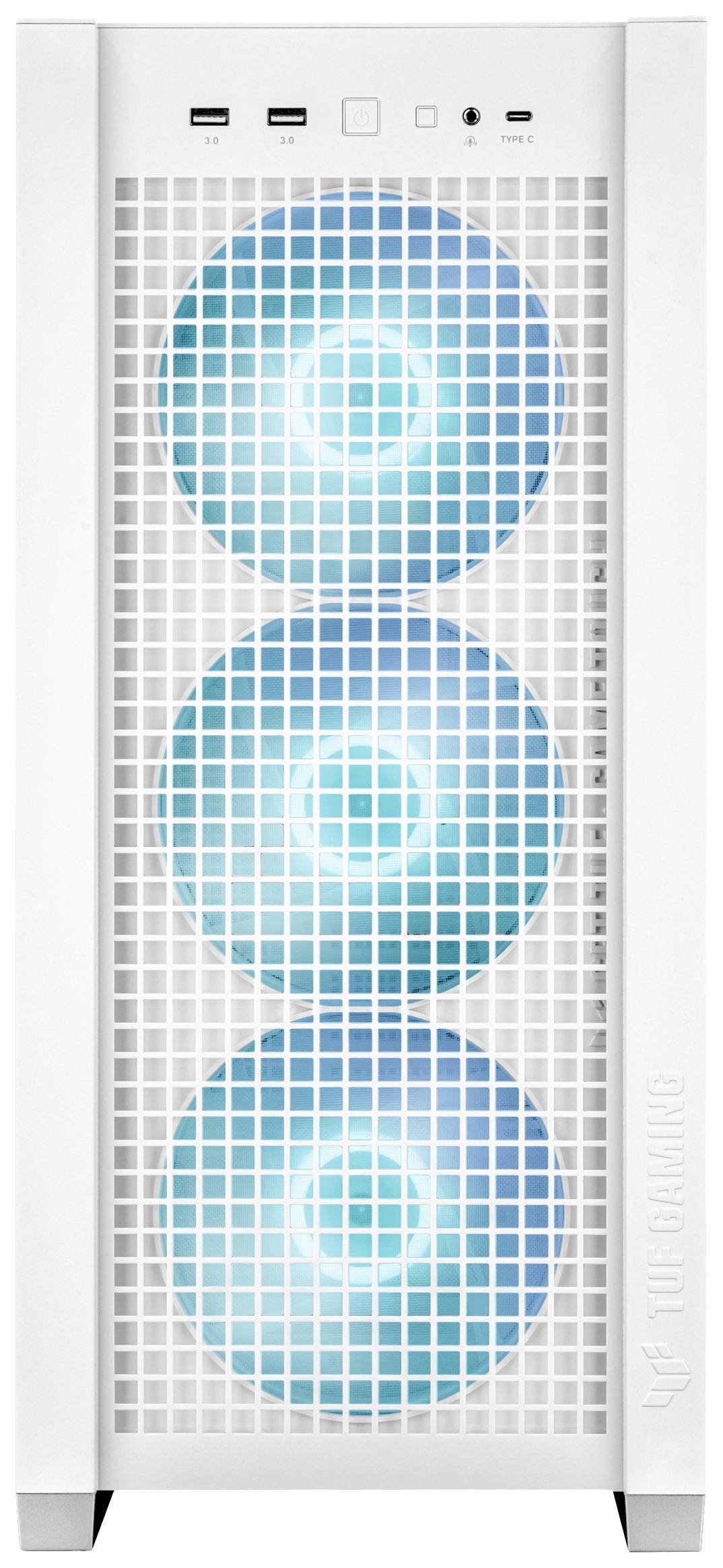 Weißes Computergehäuse mit drei leuchtenden blauen Lüftern an der Vorderseite. Oben befinden sich USB- und Audio-Anschlüsse.