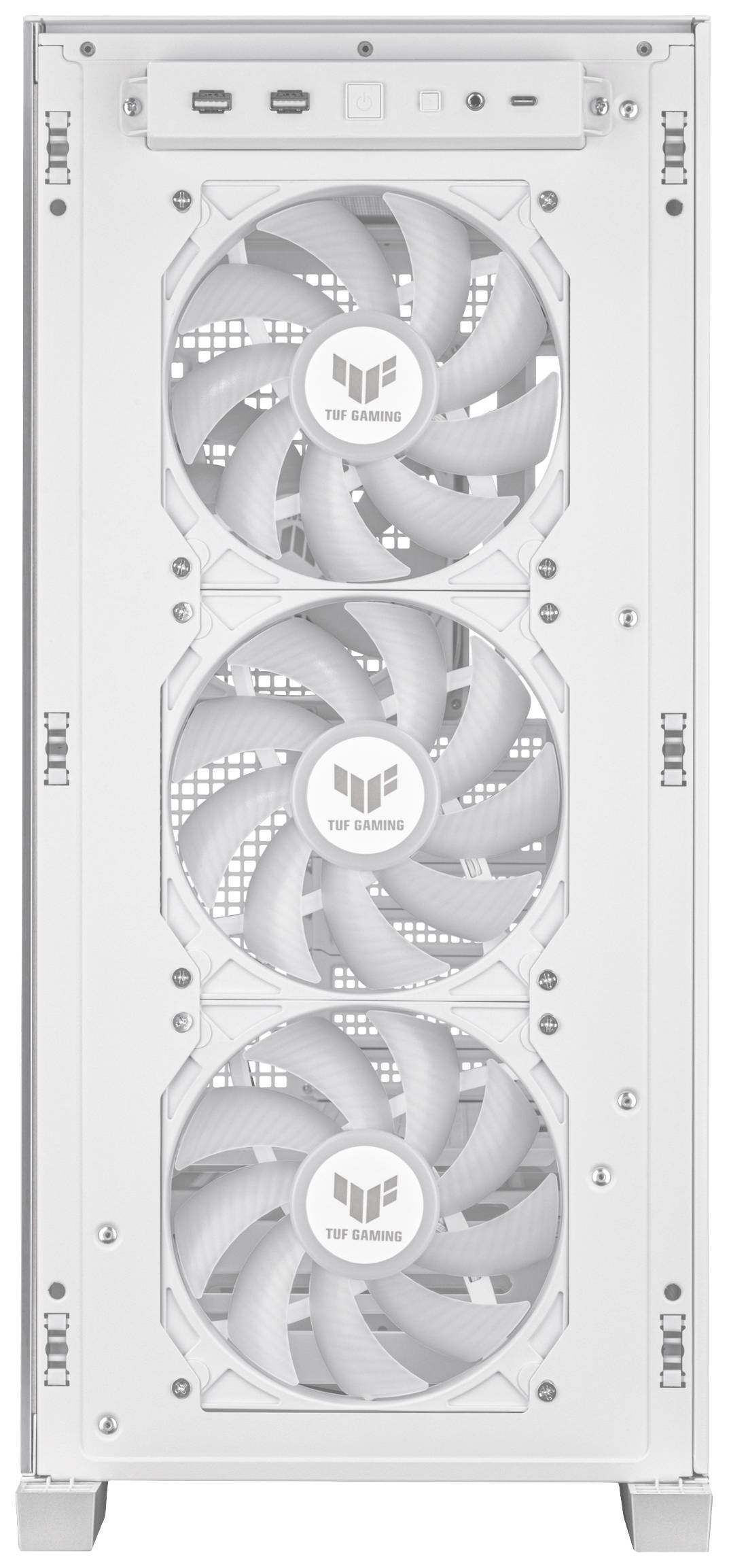 Ein weißes Computergehäuse mit drei großen Lüftern an der Vorderseite. Oben befinden sich Anschlüsse und Bedienelemente.