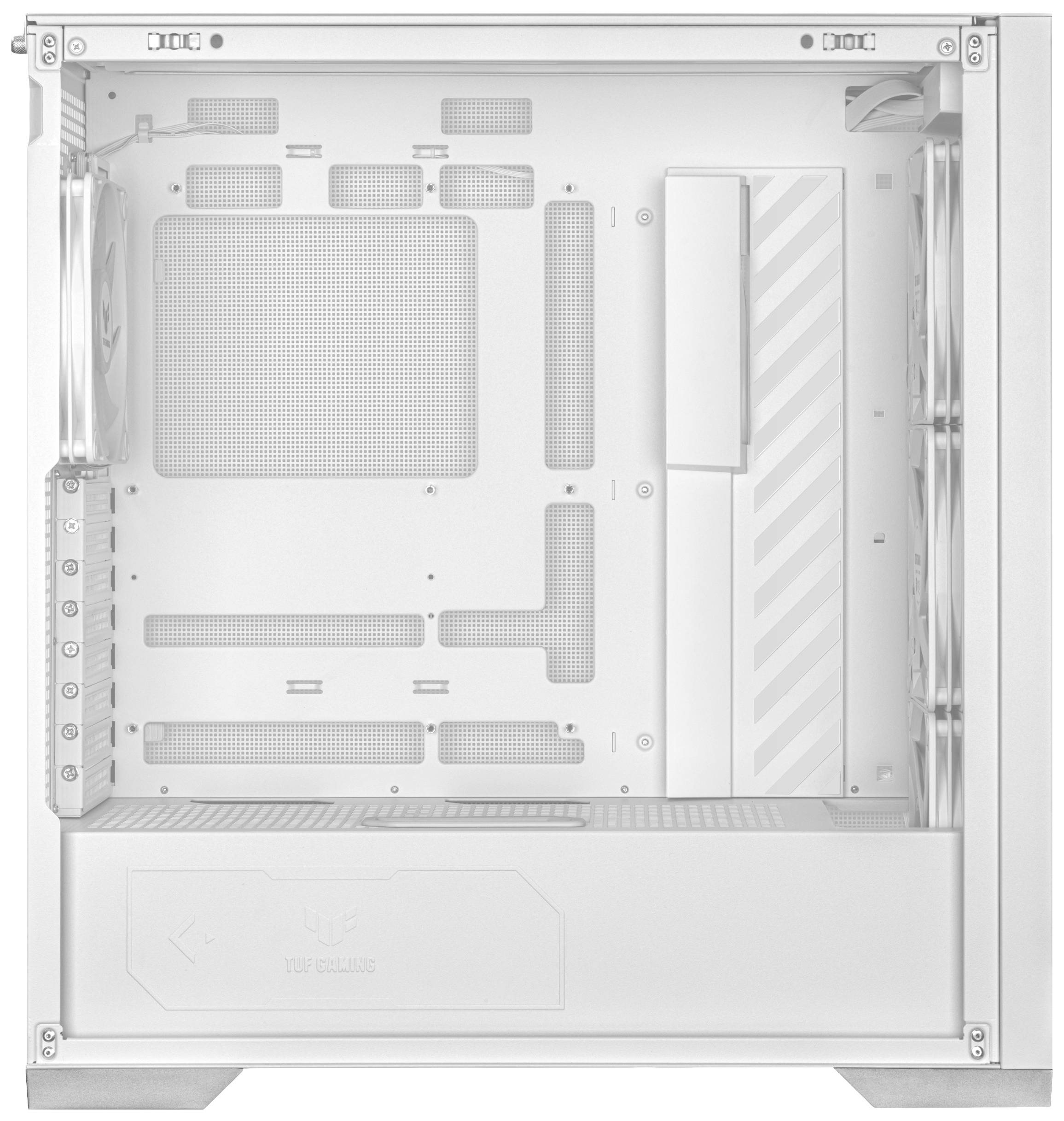 Ein leerer, weißer PC-Gehäuse-Tower mit transparenten Seiten, bereit für den Einbau von Hardwarekomponenten.