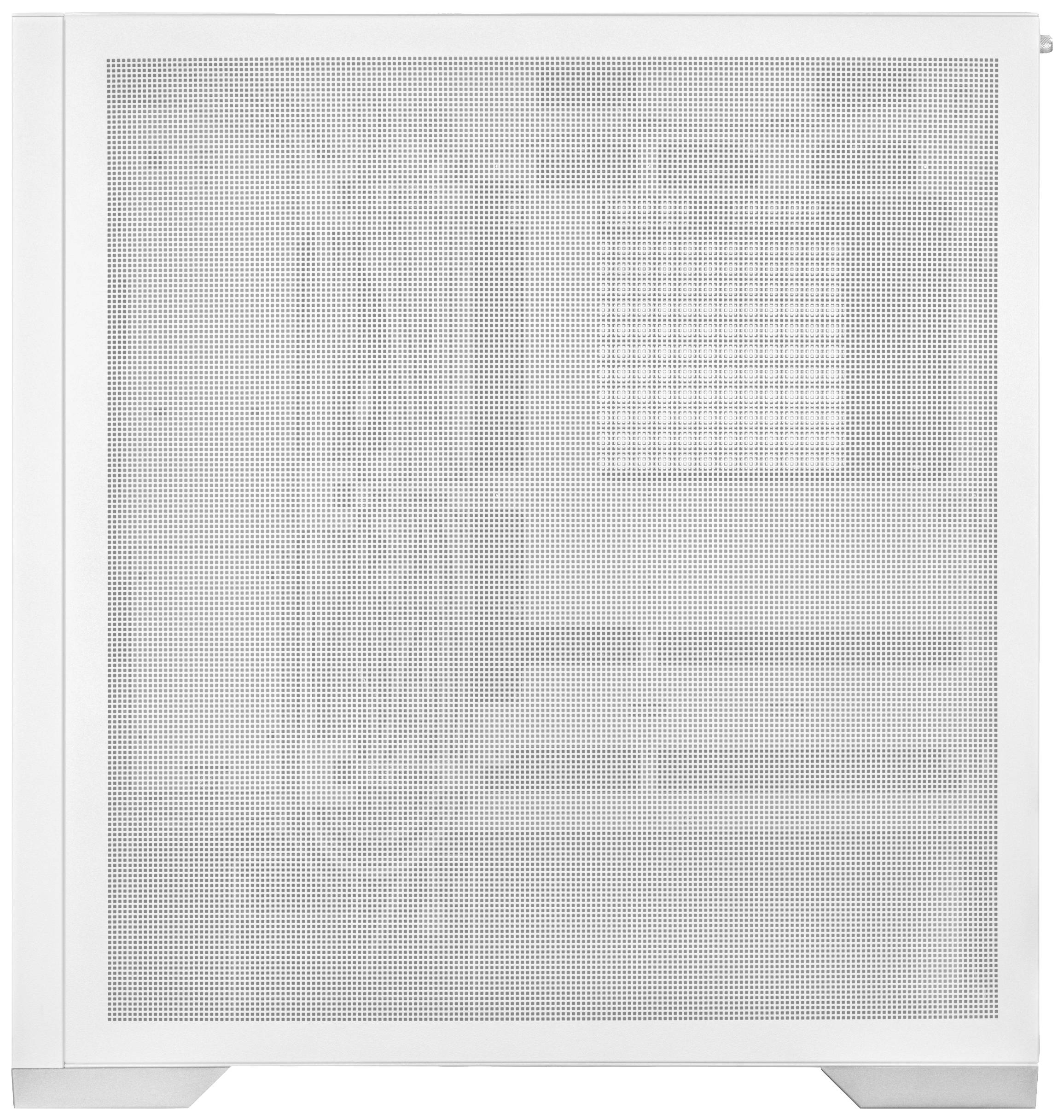 Weißes Computergehäuse mit durchsichtiger Seitenabdeckung aus Netzmaterial, das die interne Hardware zeigt, einschließlich Lüfter und Kabel.