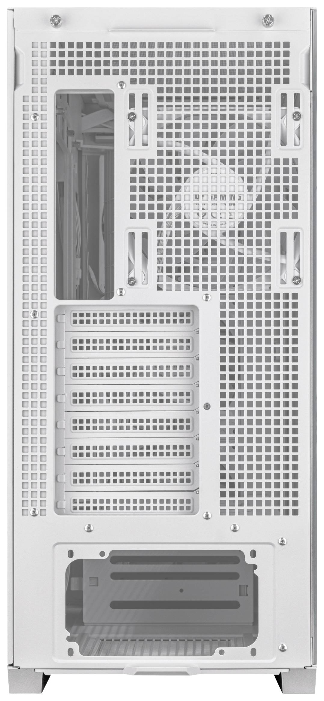 Die Rückseite eines weißen Computergehäuses mit mehreren Lüftungsschlitzen und acht Erweiterungsslots. Unten befindet sich der Bereich für das Netzteil.