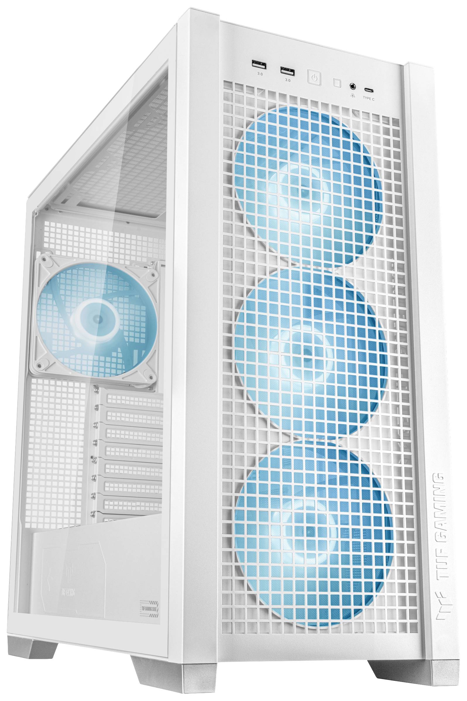Weiße Computergehäuse mit vier sichtbaren Lüftern; drei vorne, einer hinten. USB- und Audioanschlüsse oben, modernes Design.