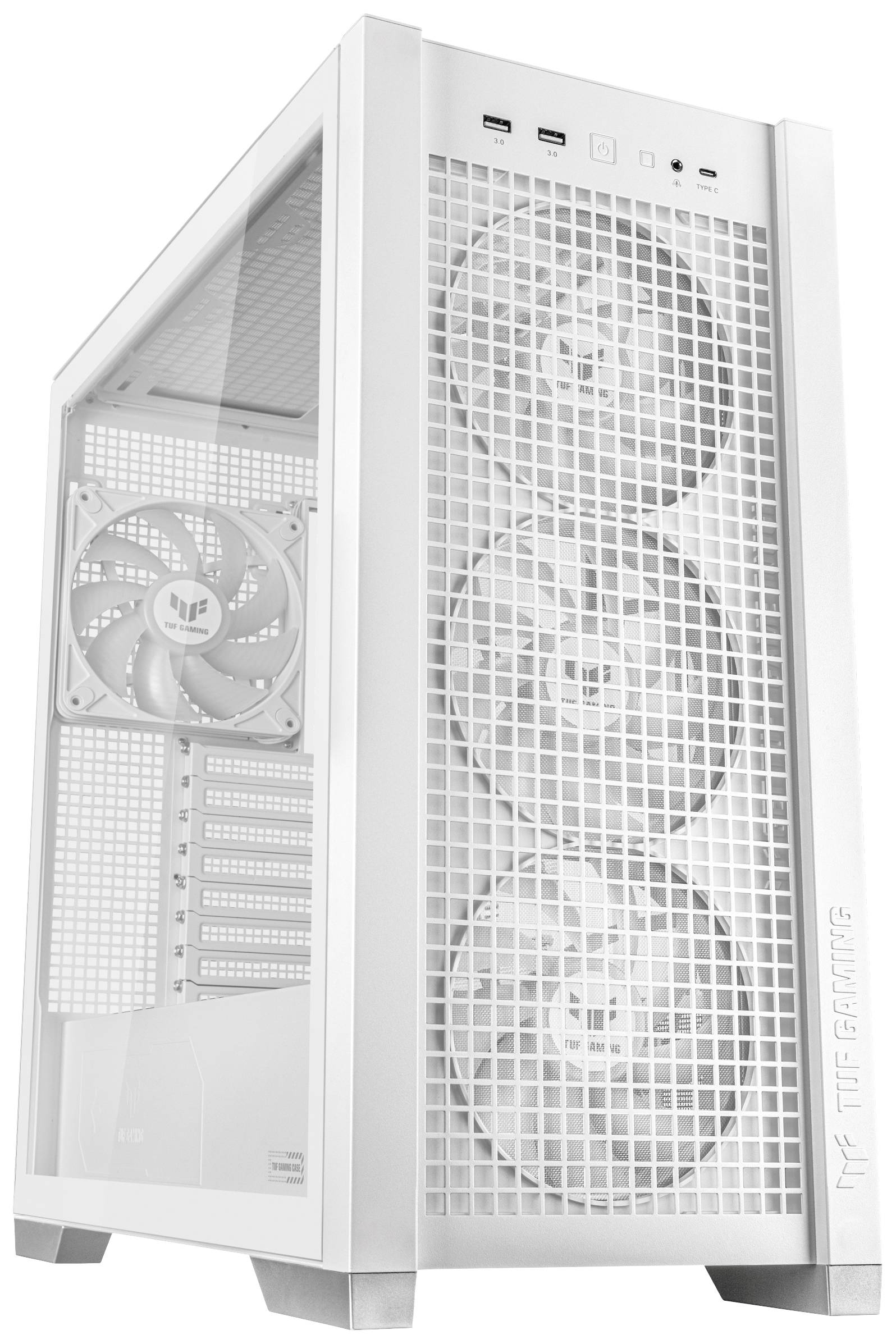 Weißes Computergehäuse mit mehreren Lüftern an der Vorderseite und einem an der Rückseite. Oben sind Anschlüsse und Bedienelemente.