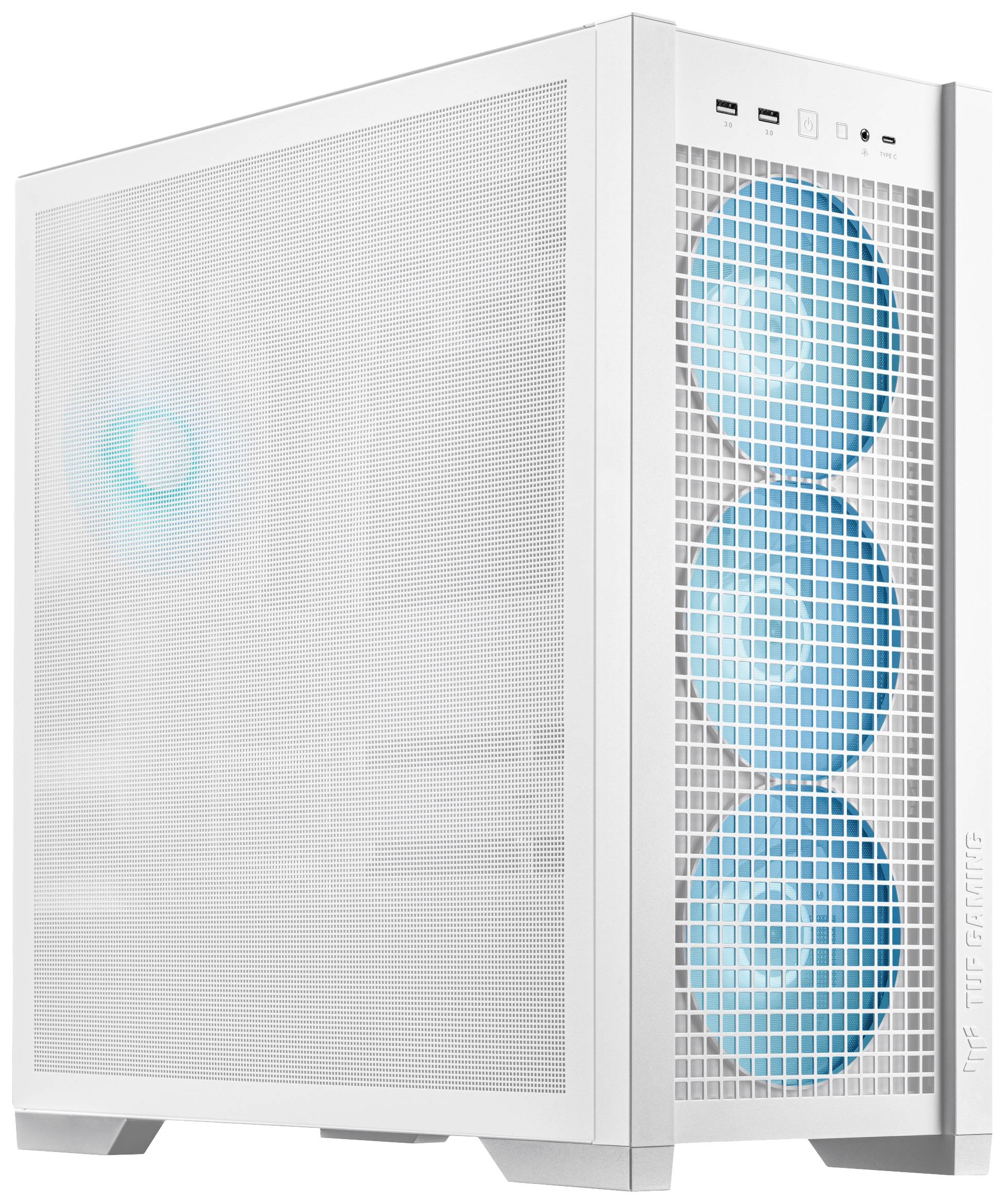 Ein weißes Computergehäuse mit drei beleuchteten Lüftern auf der Vorderseite und einem Lüfter an der Seite für Kühlung und Belüftung.