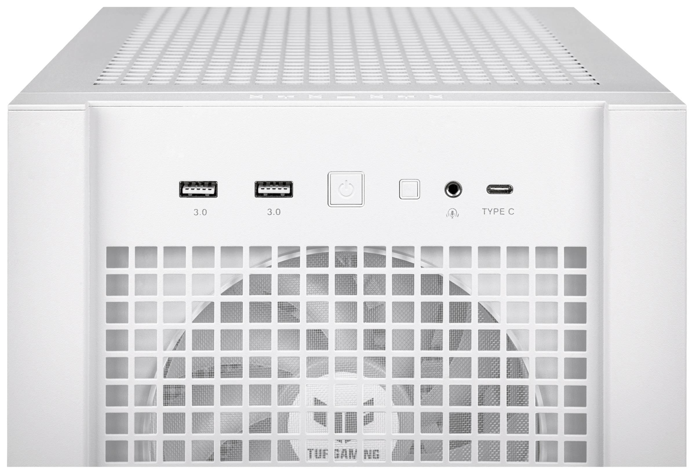 Weiße Computerfront mit USB-Anschlüssen, Netzschalter und Lüftungsgitter. Enthält das Markenlogo 'TUF GAMING' auf dem Lüfter.